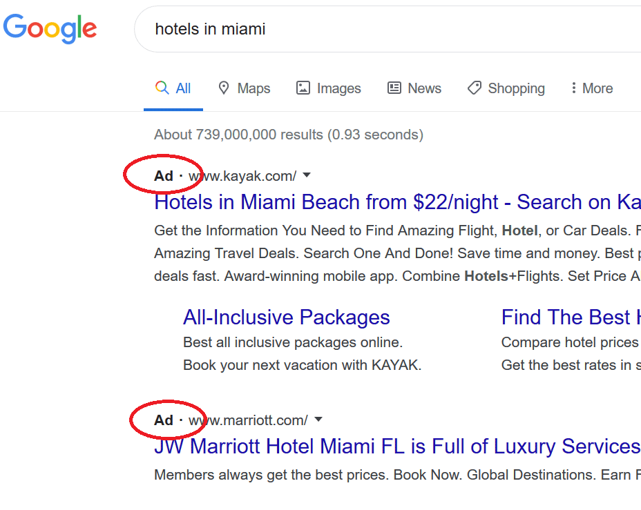 Pay per click example in SERP