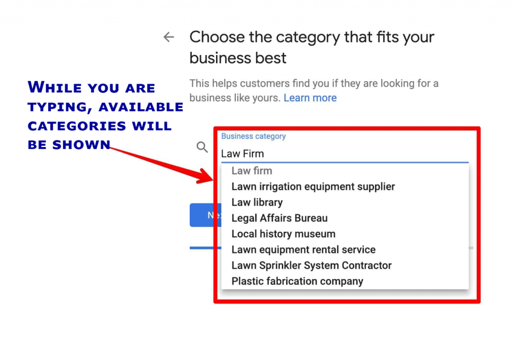Google my business guide: field to fill with category
