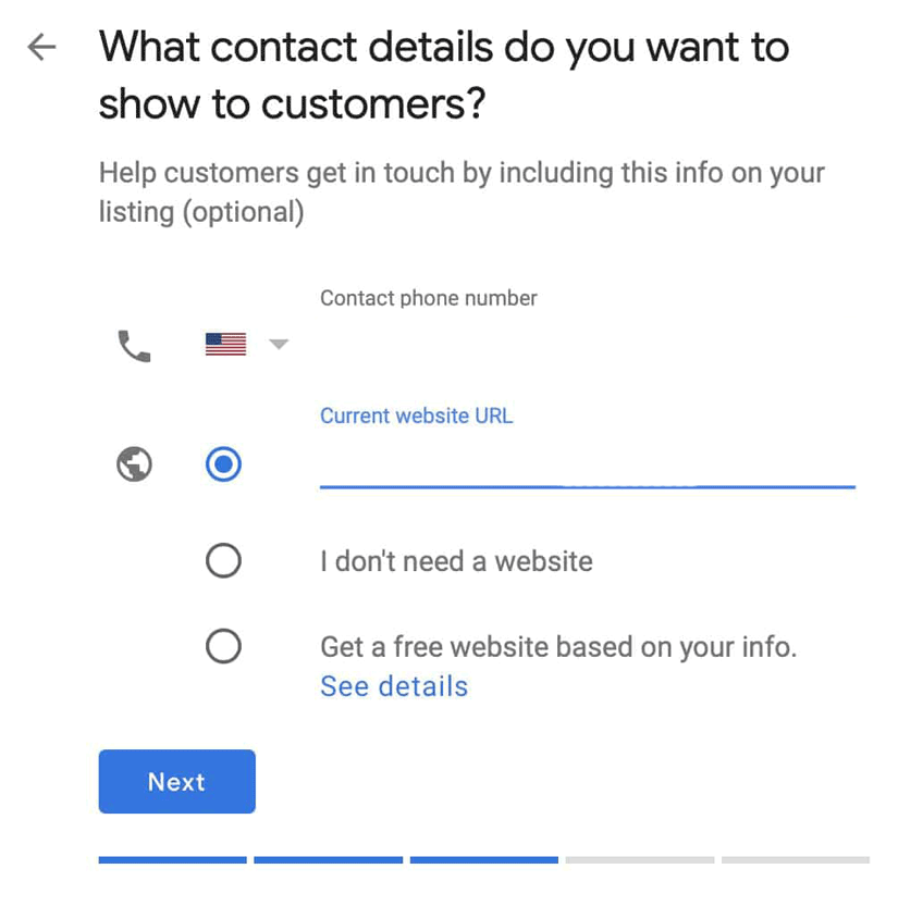 Google my business guide: field to fill with contact details